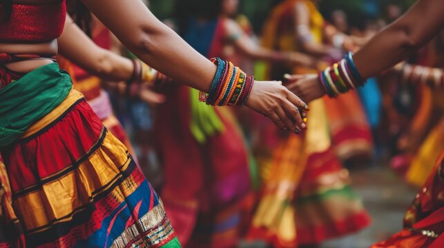 Colorful traditional dance with vibrantly dressed dancers holding hands in a celebratory event.