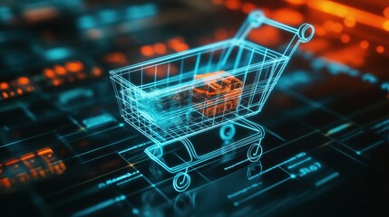 Wireframe shopping cart on a digital interface symbolizes the concept of online shopping, e-commerce, and futuristic retail technology in a cyber environment.