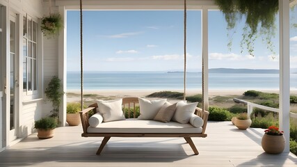 front porch of a seaside house with a swing chair and cushions and a distant view of the ocean