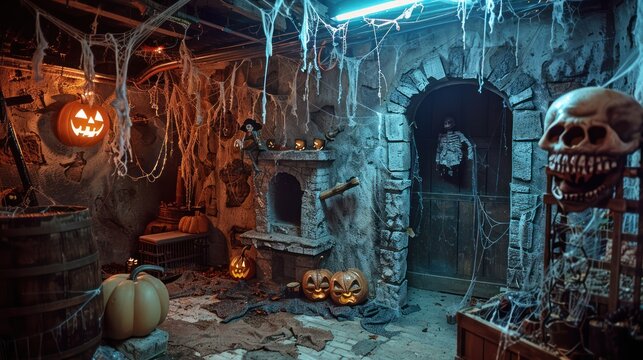 A basement set up as a haunted house for a Halloween party.