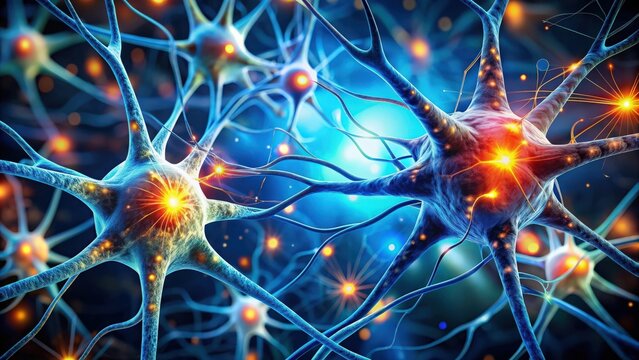 Close-up of neurotransmitters interacting with neural receptors in the synapse , biology, brain, neuroscience