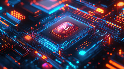 Fototapeta premium Close-up of AI chip on a futuristic circuit board, illuminated with vibrant red and blue neon lights, symbolizing advanced artificial intelligence technology