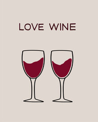Two wine glasses filled with red wine symbolizing love and romance on a soft background