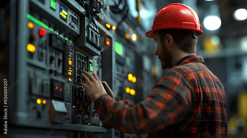 Poster engineer troubleshooting control system issues in modern industrial workspace