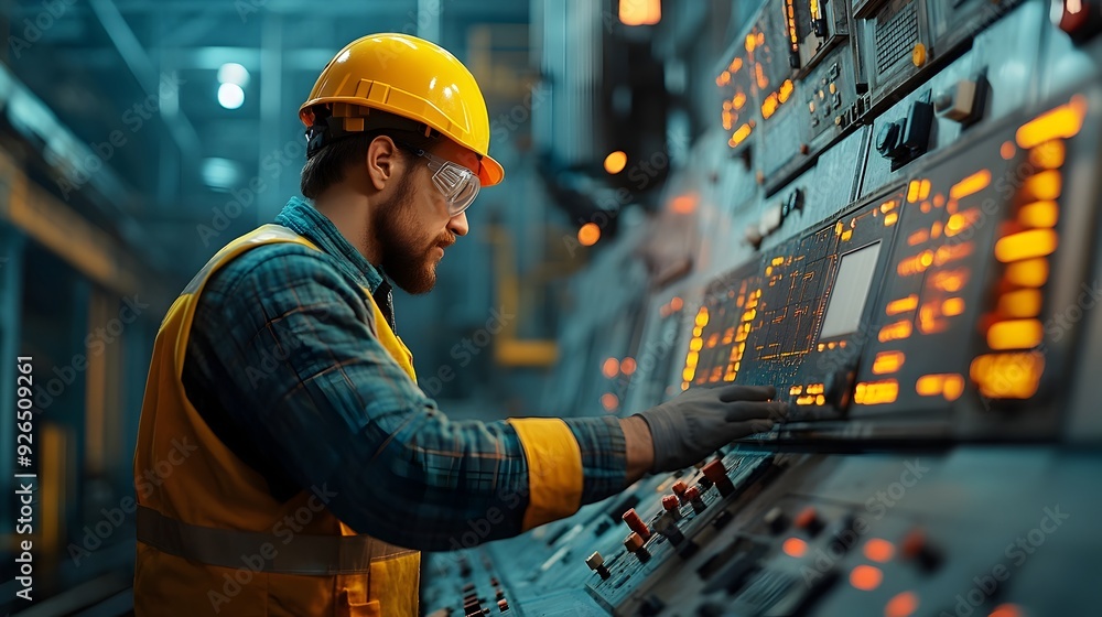 Poster engineer troubleshooting control system issues in industrial workspace