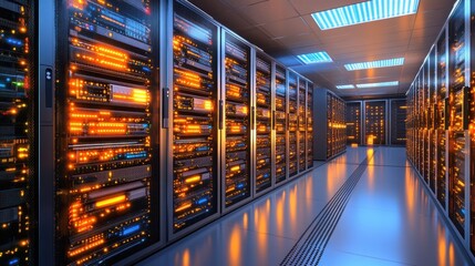 A data center with giant servers rising up to the ceiling,