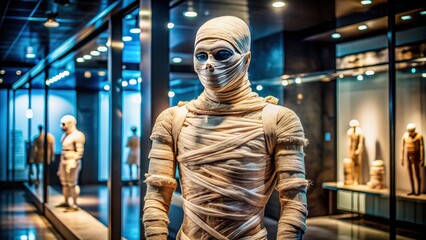 Obraz premium Alien mummy wrapped in futuristic bandages on display in a museum , extraterrestrial, space creature