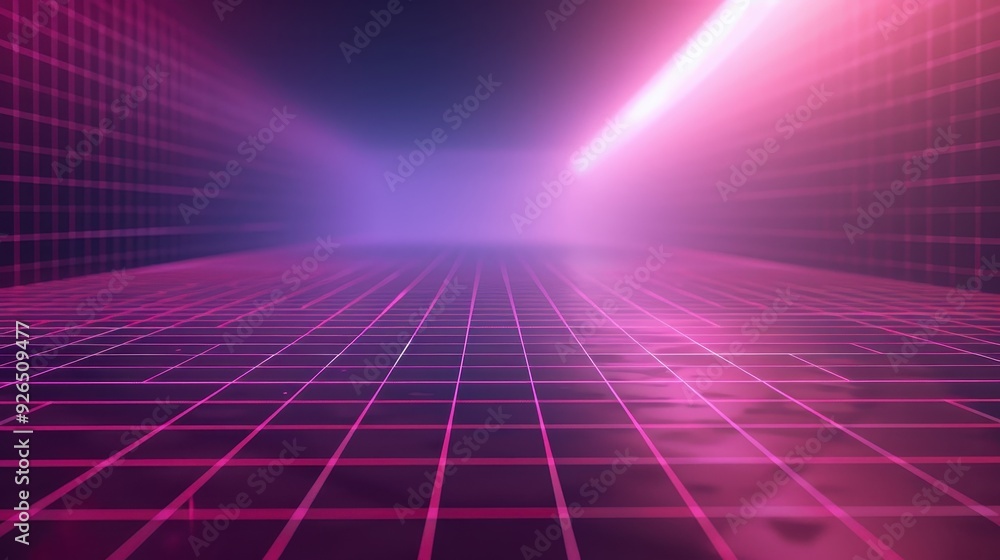 Aufkleber a futuristic neon grid extending into a bright horizon in a digital abstract background.