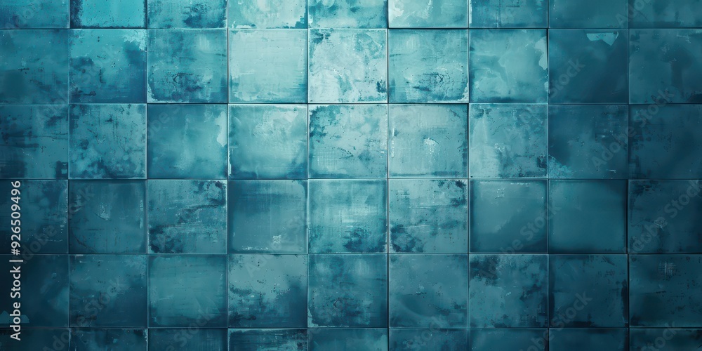 Poster abstract blue tiled wall with textured squares, creating a calming and artistic visual effect.