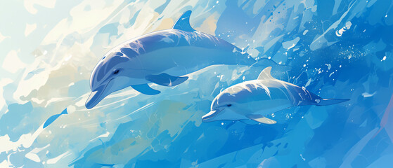 Obraz premium A mother and baby dolphin swimming in clear blue water, watercolor style