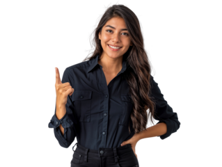 Smiling woman showing something with her index finger pointing up, isolated on white background