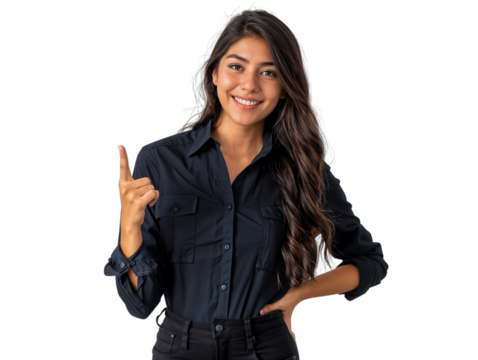Smiling woman showing something with her index finger pointing up, isolated on white background
