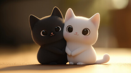 Fototapeta premium The image features two adorable, cartoon-like kittens, one black and one white, sitting close together with wide, expressive eyes.