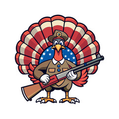 thanksgiving turkey with rifle on american flag background