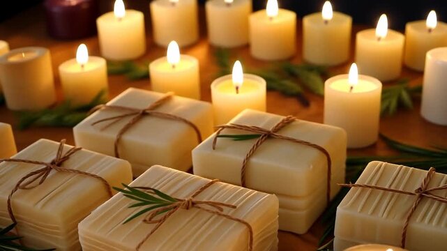 Warm candlelight with handmade gifts greenery