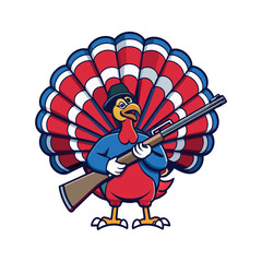 thanksgiving turkey with rifle on american flag background
