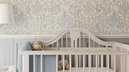 A serene and minimalist nursery featuring a white crib and soft pastel decor, ideal for a peaceful baby room