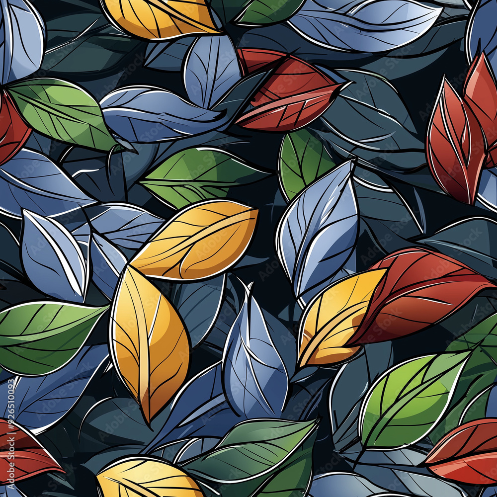 Poster seamless pattern multicolored leaves on dark background