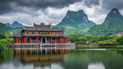 Ancient temple with red pillars and mountain view reflection
