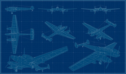 Twin-engine heavy fighter in German service during World War II. German fighter-bomber. Blueprint. Projection drawing.