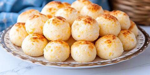 Closeup of brazilian cheese bread pao de queijo in a plate on simple background
