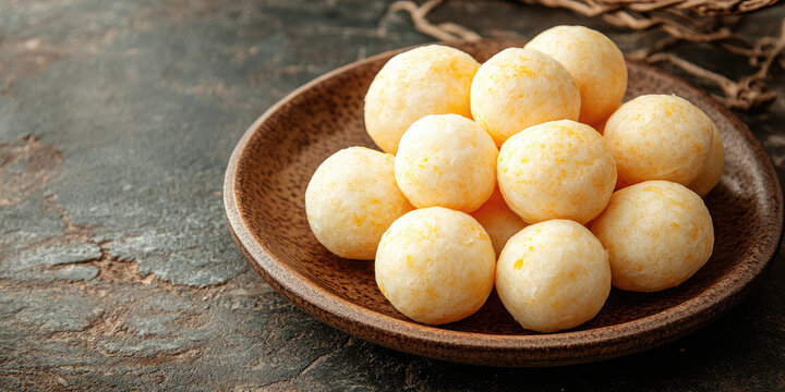 Closeup of brazilian cheese bread pao de queijo in a plate on simple background