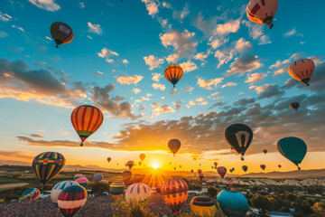 Fototapeta premium Balloon festival with a sky full of colorful balloons. Bright and festive atmosphere with blue sky and fluffy clouds. Balloons of different shapes and patterns create a lively scene.