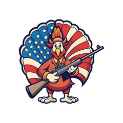 thanksgiving turkey with rifle on american flag background
