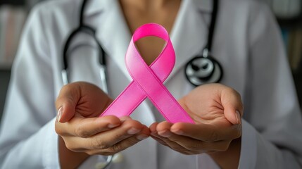 Doctor holding pink cancer awareness ribbon in close-up photo