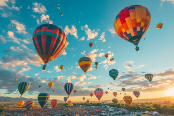 Obraz premium Balloon festival with a sky full of colorful balloons. Bright and festive atmosphere with blue sky and fluffy clouds. Balloons of different shapes and patterns create a lively scene.