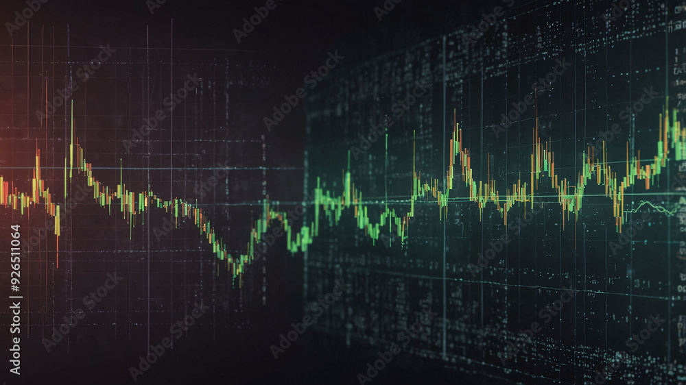 Poster digital financial data chart with green and yellow lines on dark background