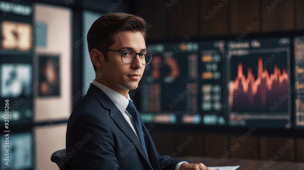 Poster young financial analyst working in front of monitors displaying stock market data and graphs