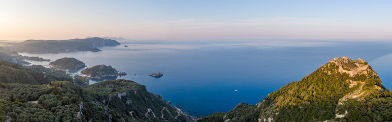 Aerial panorama of Angelokastro castle and the bay of Palaiokastritsa on the island of Corfu