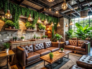 Obraz premium Cozy industrial-chic coffee shop with reclaimed wood accents, metallic lighting fixtures, and plush sofas, surrounded by lush greenery and natural stone walls.