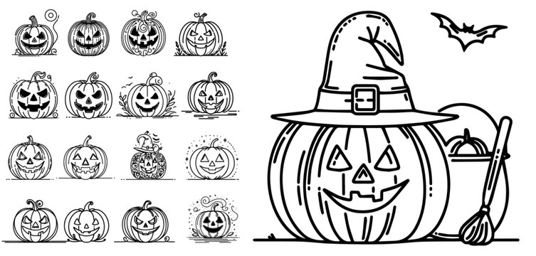 collection of halloween pumpkins in black line art vector