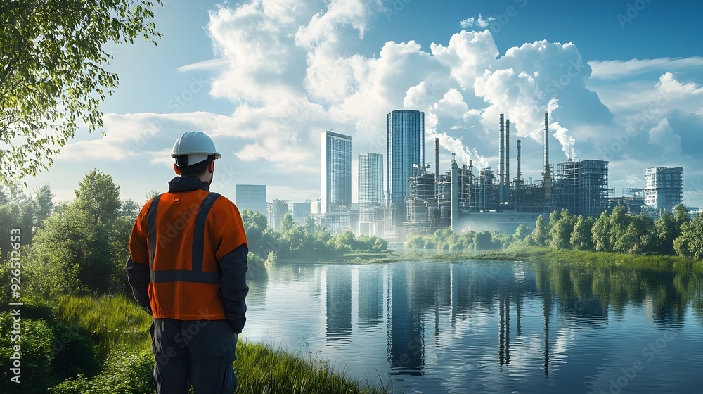 Aufkleber engineer evaluating environmental impact of industrial project in 3d rendering