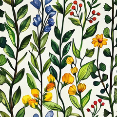 Seamless pattern Colorful Flowers and Leaves on White Background