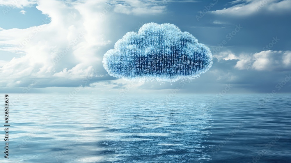 Poster a stylized cloud made of binary code floating above rippling water, symbolizing data storage and clo