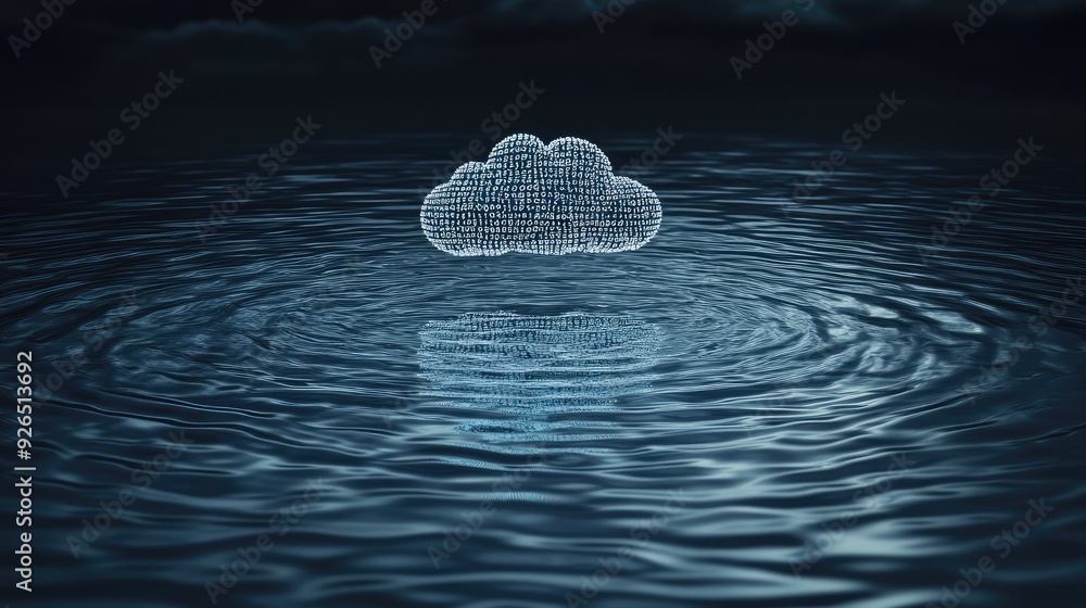 Poster a stylized cloud made of binary code floating above rippling water, symbolizing data storage and clo