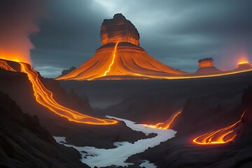 Fototapeta premium Dark, cavernous underworld with rivers of lava, jagged rocks, and a towering deity's throne exuding power and dread.