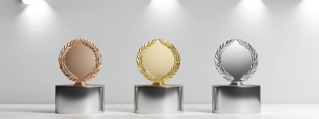Elegant Award Ceremony Podium Design: Shiny Gold, Silver, and Bronze Platforms with Laurel Wreaths. Minimalist Abstract Concept on White Background for Marketing, Web Posters, and Dreamy 4K Wallpapers