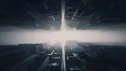 Metropolis Mirage: A mesmerizing aerial view of a futuristic city, split by a luminous void, where towering skyscrapers converge in an illusion of inverted realities.