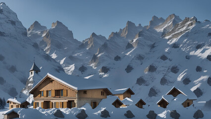Le Refuge des Alpages - illusion, snow, winter, mountains, cabin, village, landscape, snow-covered, alpine, scenery, nature, cold, peaks, houses, blue sky, travel