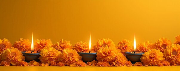 Lighted oil lamps or lanterns and orange marigold flowers on yellow  background. Diwali, Vesak, Ugadi, Gudi Padwa, Onam. Holiday greeting card.  Hindu new year,  illustration  with copy space.