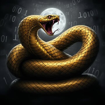 A golden snake intertwined with binary code, symbolizing Python programming and coding.