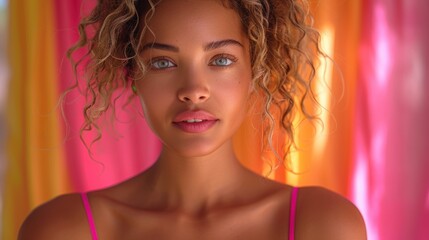 Young woman with curly hair poses against bright colorful drapes in a warm, vibrant setting during the day