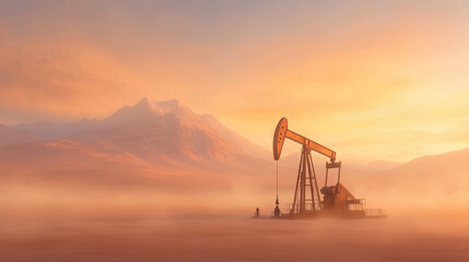 Fototapeta premium Oil pump jack operating in a misty, mountainous landscape during sunrise, symbolizing energy extraction