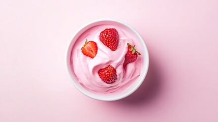 A white bowl of strawberry yogurt centered on a pastel background, with plenty of space for text above.