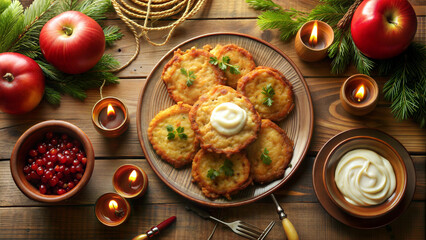 Hanukkah Latkes with Sour Cream and Applesauce on a Festive Table