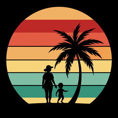 Retro vintage style sunset, palm tree, vector